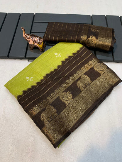 Ikkat Printed Heavy Cotton Silk Saree with Woven Border & Butti Print Blouse – 6.3m Traditional Drape