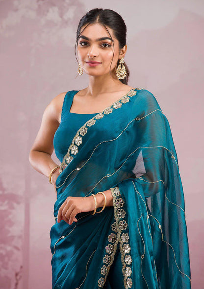 Soft Burberry Silk Saree with Real Mirror Embroidery & Cutwork Border – Designer Blouse Included