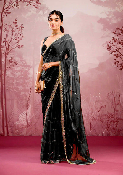 Soft Burberry Silk Saree with Real Mirror Embroidery & Cutwork Border – Designer Blouse Included