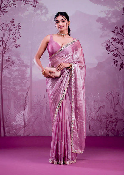 Soft Burberry Silk Saree with Real Mirror Embroidery & Cutwork Border – Designer Blouse Included