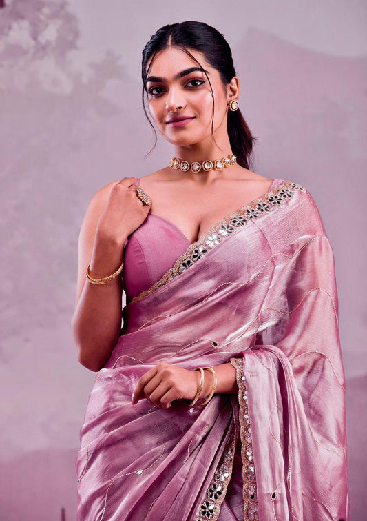 Soft Burberry Silk Saree with Real Mirror Embroidery & Cutwork Border – Designer Blouse Included