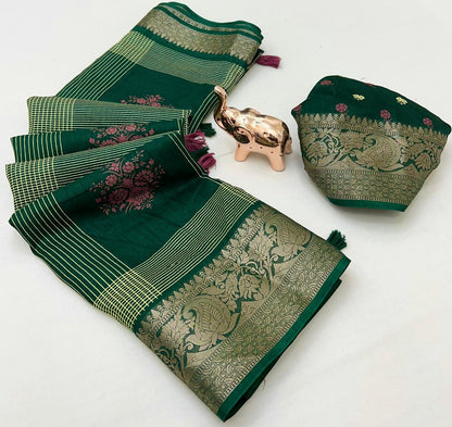 Floral Printed Cotton Blend Saree with Silver Zari Border & Tassel Pallu – Elegant Daily Wear