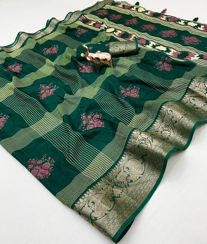 Floral Printed Cotton Blend Saree with Silver Zari Border & Tassel Pallu – Elegant Daily Wear