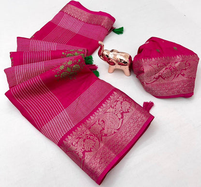 Floral Printed Cotton Blend Saree with Silver Zari Border & Tassel Pallu – Elegant Daily Wear