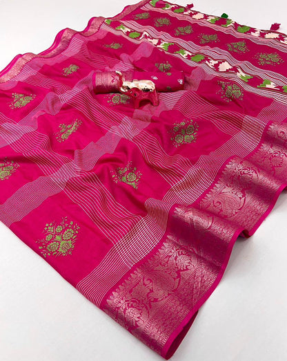 Floral Printed Cotton Blend Saree with Silver Zari Border & Tassel Pallu – Elegant Daily Wear