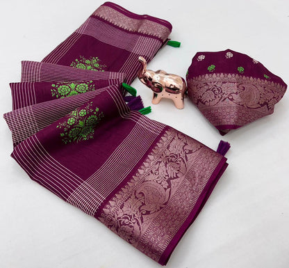 Floral Printed Cotton Blend Saree with Silver Zari Border & Tassel Pallu – Elegant Daily Wear
