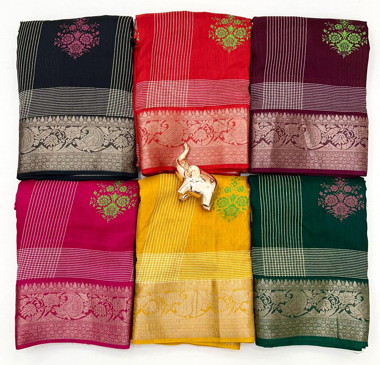 Floral Printed Cotton Blend Saree with Silver Zari Border & Tassel Pallu – Elegant Daily Wear