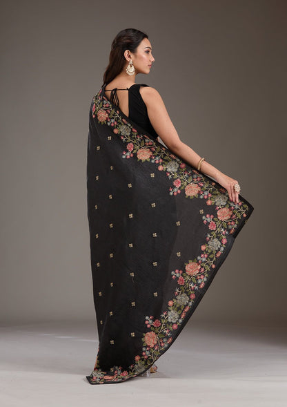 Soft Crunchy Chiffon Saree with Multi-Thread Embroidery & Piping Lace Border – With Embroidered Satin Blouse