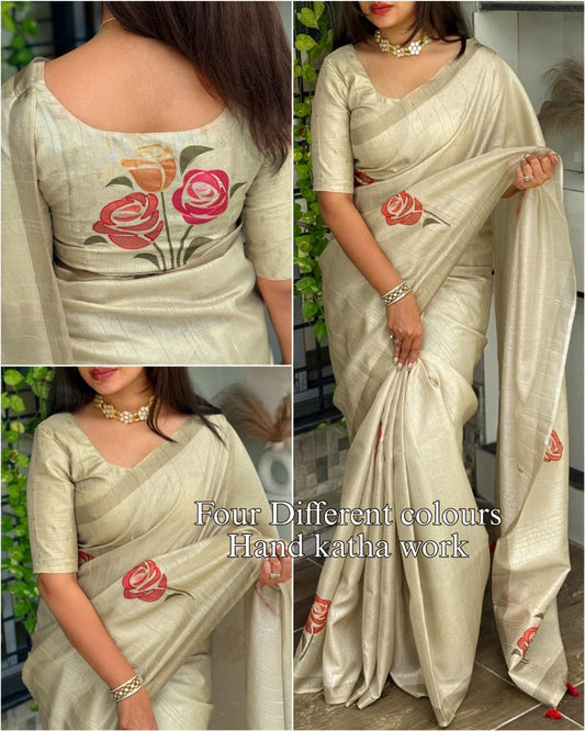 Handcrafted Linen Cotton Saree with Hand Khatha Work & Multicolor Brush Print | Designer Blouse