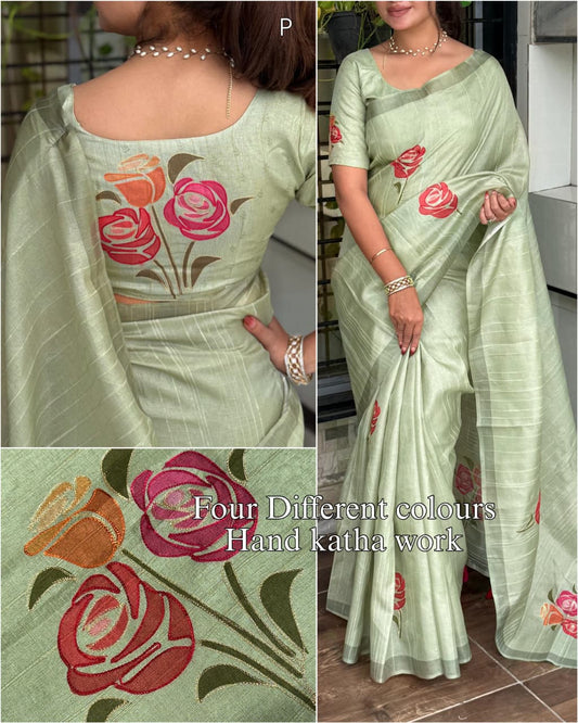 Handcrafted Linen Cotton Saree with Hand Khatha Work & Multicolor Brush Print | Designer Blouse