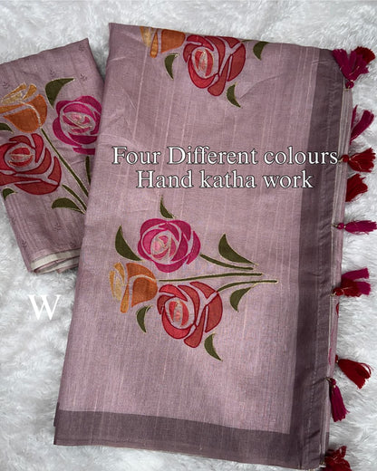 Handcrafted Linen Cotton Saree with Hand Khatha Work & Multicolor Brush Print | Designer Blouse