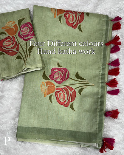 Handcrafted Linen Cotton Saree with Hand Khatha Work & Multicolor Brush Print | Designer Blouse