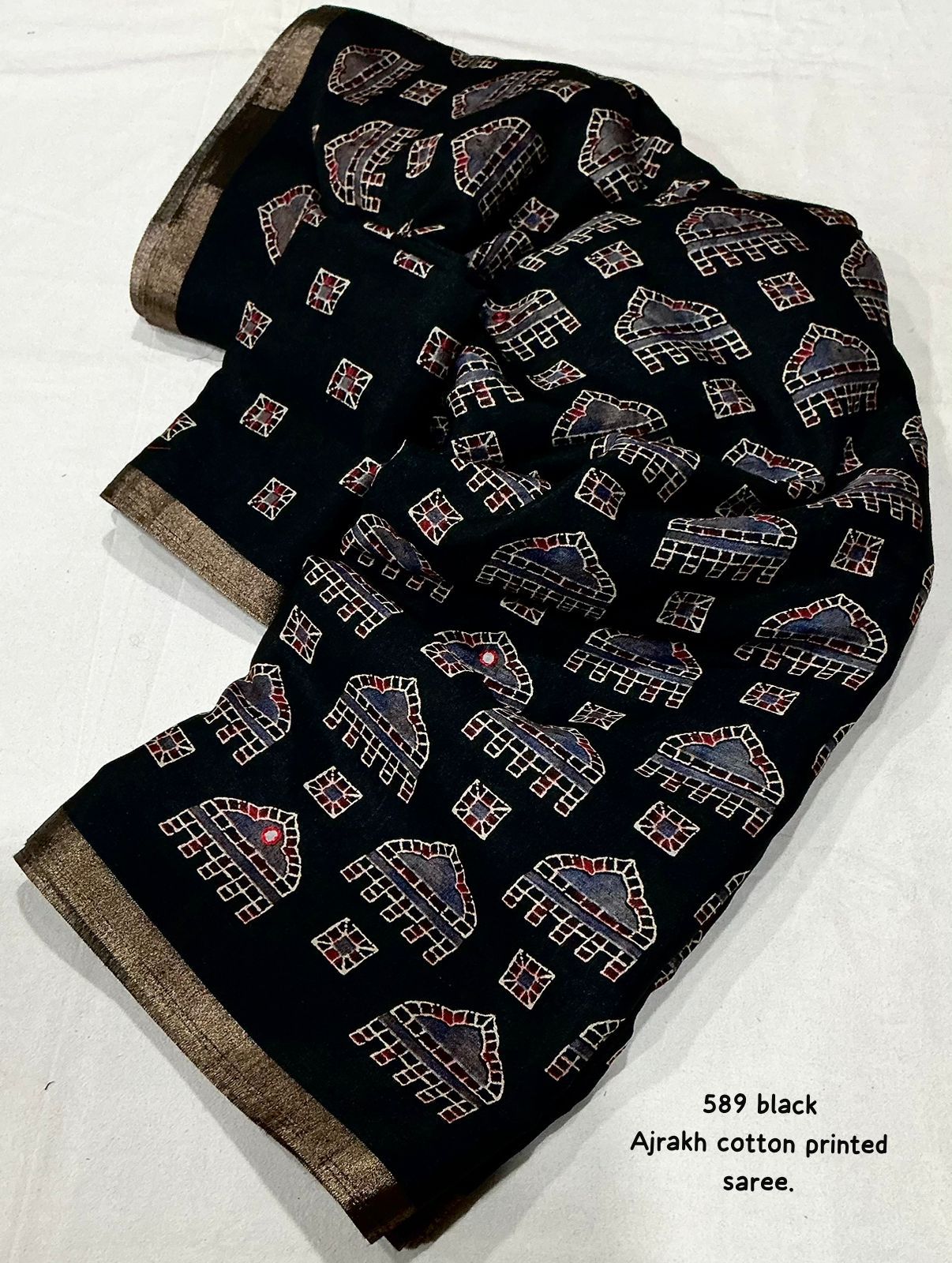 Single Color Ajrakh Cotton Saree with Zari Piping Border & Aari Mirror Work | 6.3 Meters with Blouse