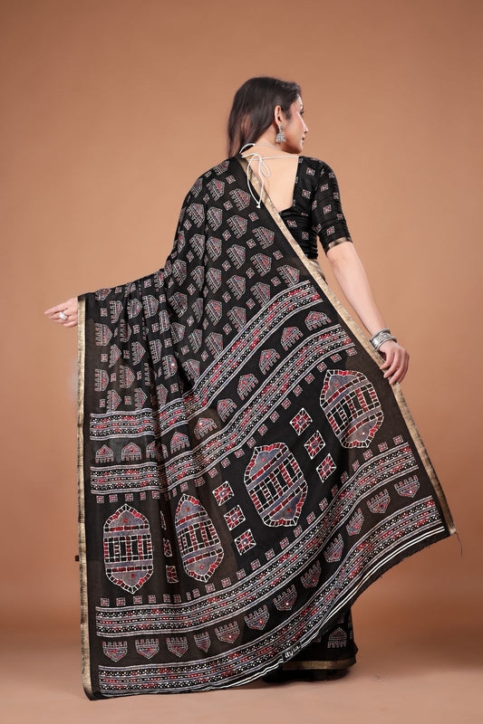 Single Color Ajrakh Cotton Saree with Zari Piping Border & Aari Mirror Work | 6.3 Meters with Blouse