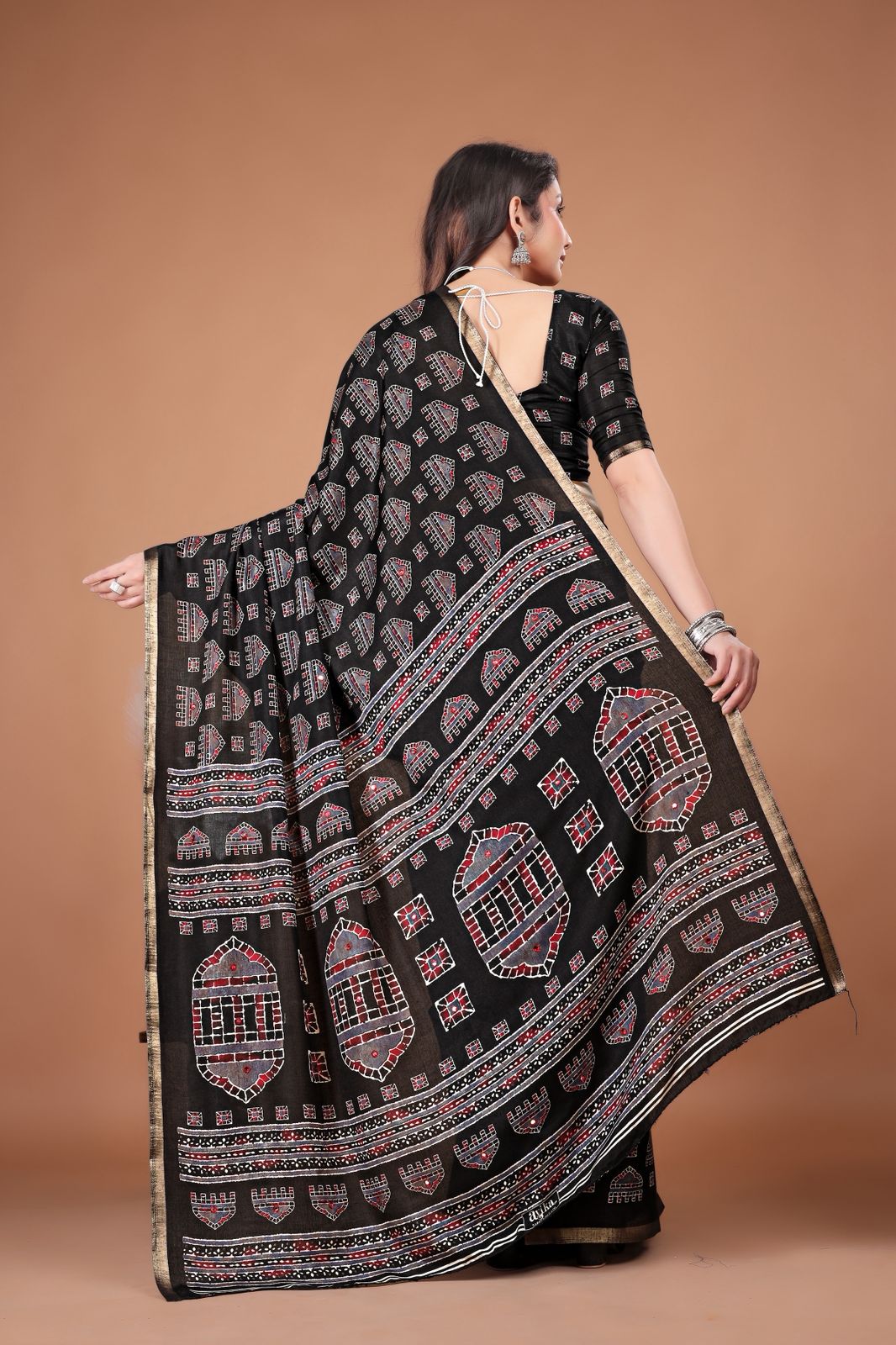 Single Color Ajrakh Cotton Saree with Zari Piping Border & Aari Mirror Work | 6.3 Meters with Blouse