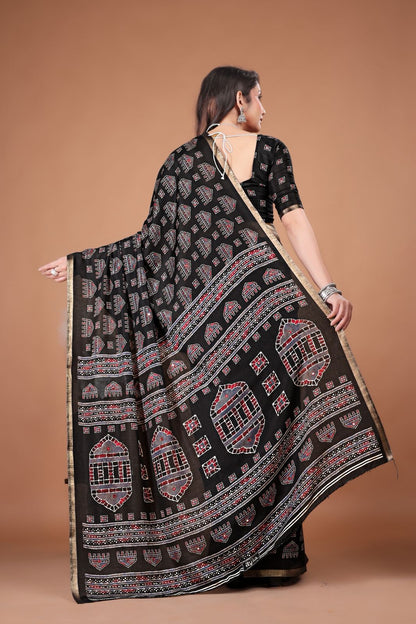 Single Color Ajrakh Cotton Saree with Zari Piping Border & Aari Mirror Work | 6.3 Meters with Blouse