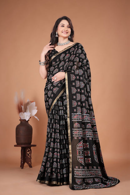 Single Color Ajrakh Cotton Saree with Zari Piping Border & Aari Mirror Work | 6.3 Meters with Blouse