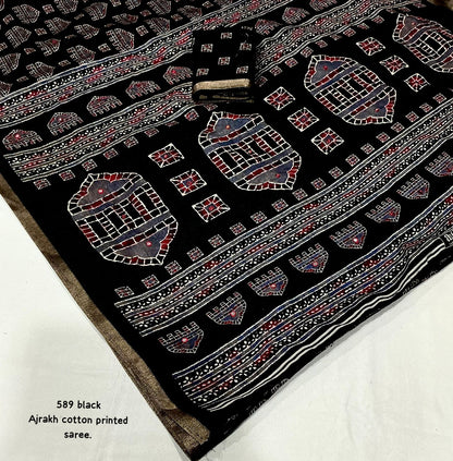 Single Color Ajrakh Cotton Saree with Zari Piping Border & Aari Mirror Work | 6.3 Meters with Blouse