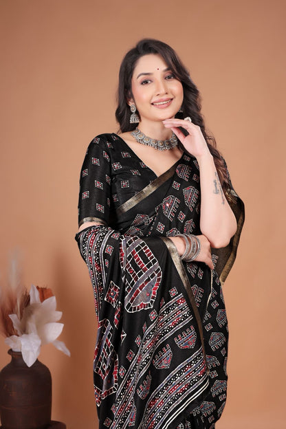 Single Color Ajrakh Cotton Saree with Zari Piping Border & Aari Mirror Work | 6.3 Meters with Blouse