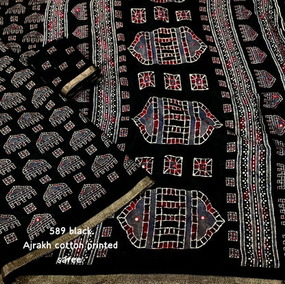 Single Color Ajrakh Cotton Saree with Zari Piping Border & Aari Mirror Work | 6.3 Meters with Blouse