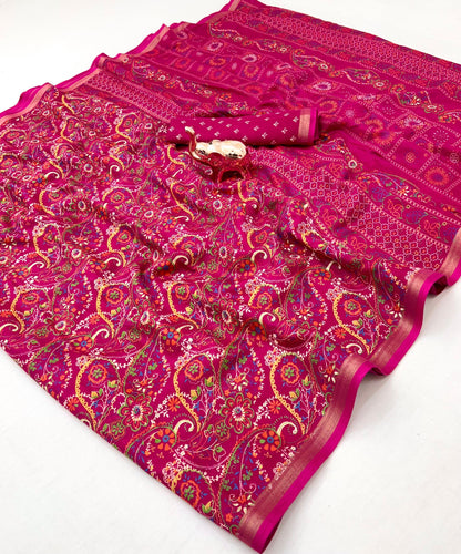 Heavy Mul Cotton Silk Bandhani Print Saree with Golden Zari Patti Border & Butti Print Blouse