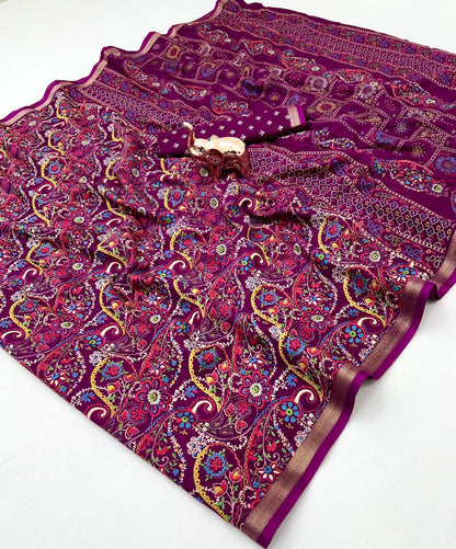 Heavy Mul Cotton Silk Bandhani Print Saree with Golden Zari Patti Border & Butti Print Blouse