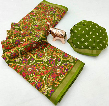 Heavy Mul Cotton Silk Bandhani Print Saree with Golden Zari Patti Border & Butti Print Blouse