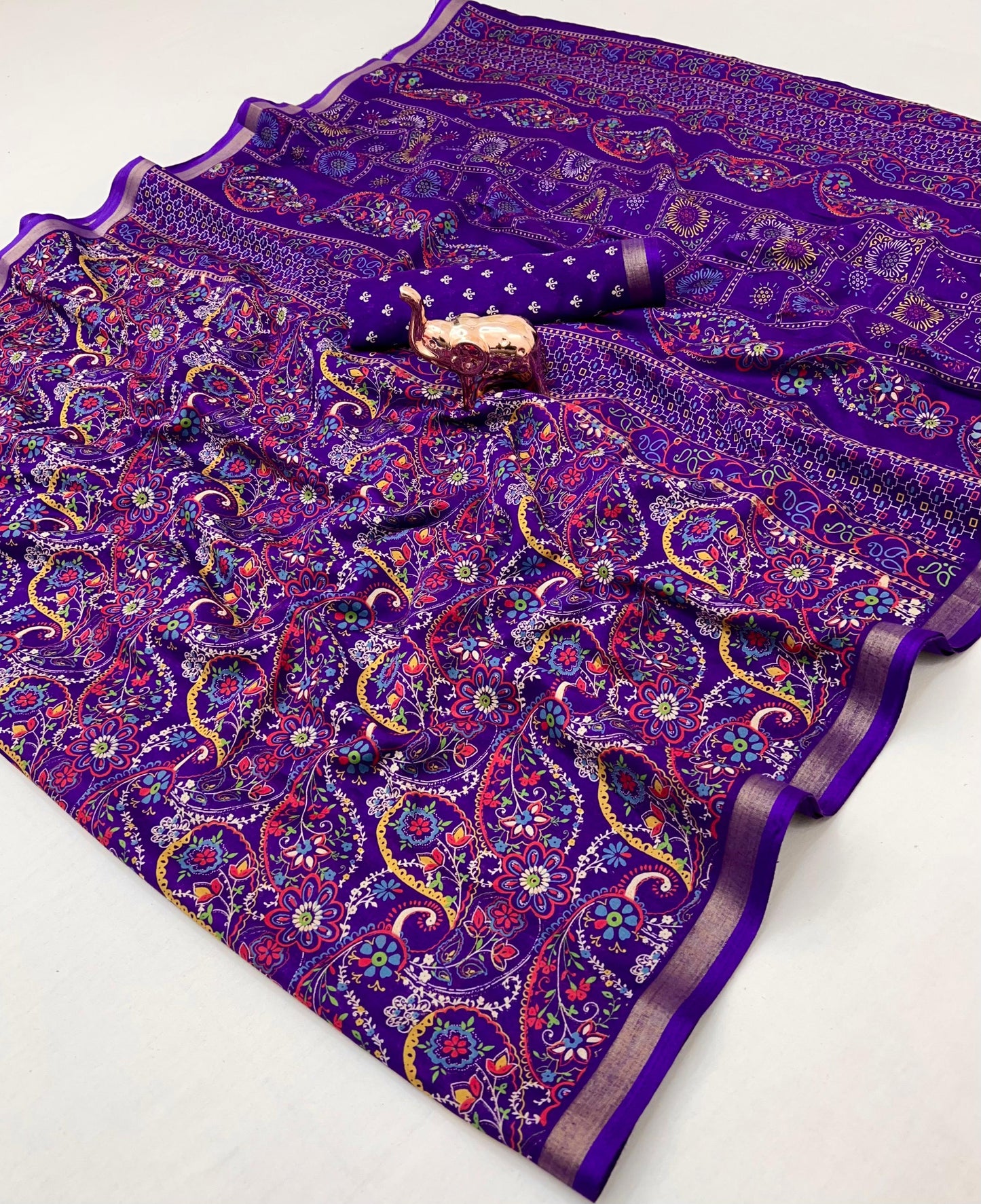 Heavy Mul Cotton Silk Bandhani Print Saree with Golden Zari Patti Border & Butti Print Blouse