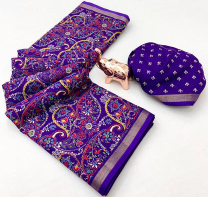 Heavy Mul Cotton Silk Bandhani Print Saree with Golden Zari Patti Border & Butti Print Blouse