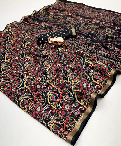 Heavy Mul Cotton Silk Bandhani Print Saree with Golden Zari Patti Border & Butti Print Blouse