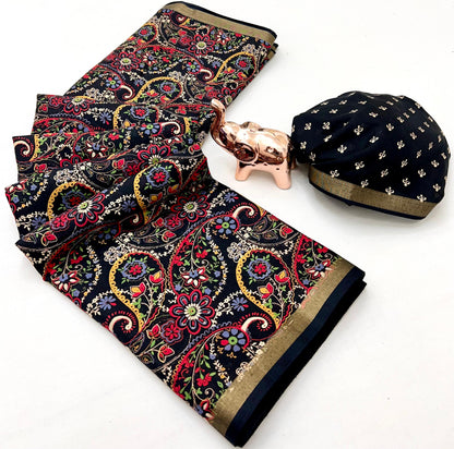 Heavy Mul Cotton Silk Bandhani Print Saree with Golden Zari Patti Border & Butti Print Blouse