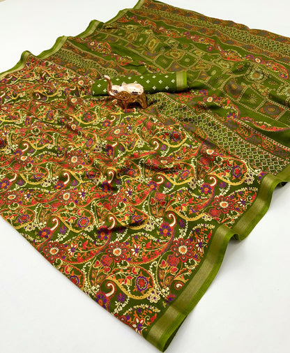 Heavy Mul Cotton Silk Bandhani Print Saree with Golden Zari Patti Border & Butti Print Blouse