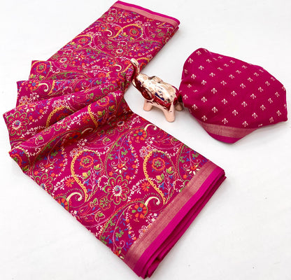 Heavy Mul Cotton Silk Bandhani Print Saree with Golden Zari Patti Border & Butti Print Blouse