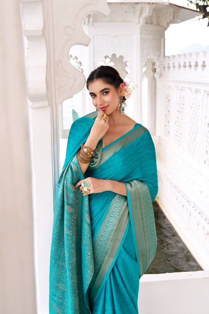 Chinon Fabric Self-Printed Saree with Zari Weaving | Designer Chinon Blouse | 5.5 Meters