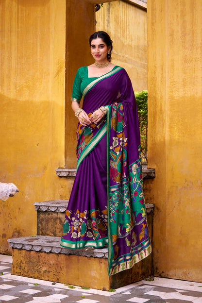 Kalamkari Print Chanderi Saree with Zari Weaving | Polyester Viscose | 5.5 Meters + Unstitched Blouse