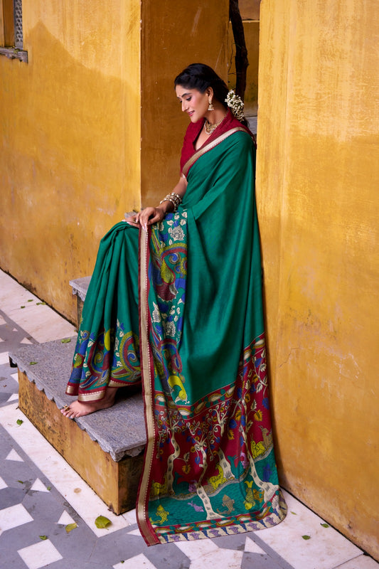 Kalamkari Print Chanderi Saree with Zari Weaving | Polyester Viscose | 5.5 Meters + Unstitched Blouse