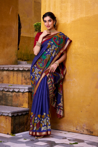 Kalamkari Print Chanderi Saree with Zari Weaving | Polyester Viscose | 5.5 Meters + Unstitched Blouse