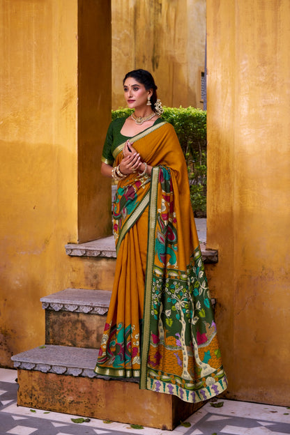 Kalamkari Print Chanderi Saree with Zari Weaving | Polyester Viscose | 5.5 Meters + Unstitched Blouse