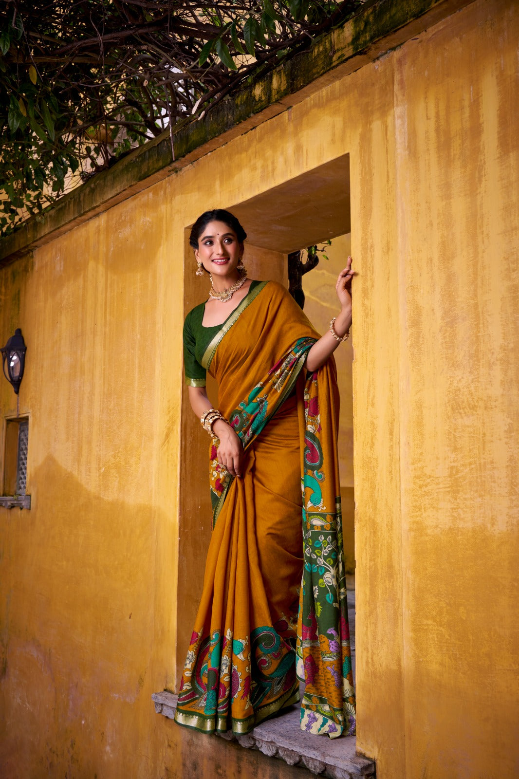 Kalamkari Print Chanderi Saree with Zari Weaving | Polyester Viscose | 5.5 Meters + Unstitched Blouse