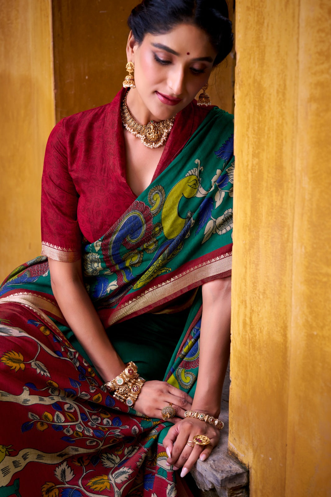 Kalamkari Print Chanderi Saree with Zari Weaving | Polyester Viscose | 5.5 Meters + Unstitched Blouse