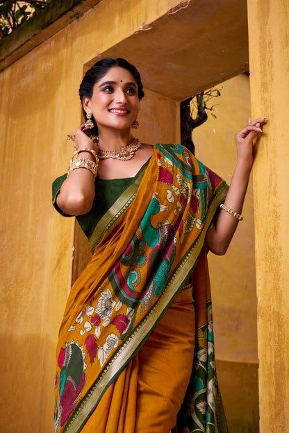 Kalamkari Print Chanderi Saree with Zari Weaving | Polyester Viscose | 5.5 Meters + Unstitched Blouse