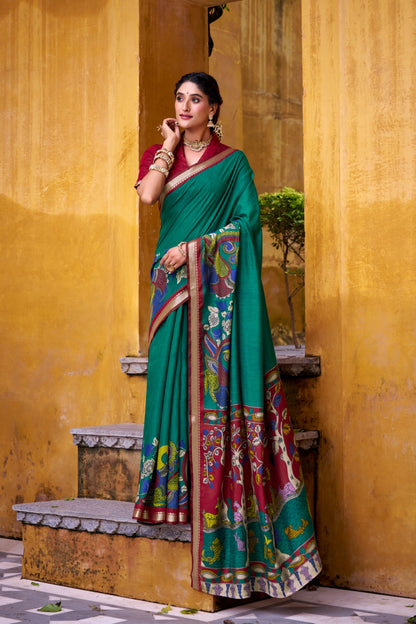 Kalamkari Print Chanderi Saree with Zari Weaving | Polyester Viscose | 5.5 Meters + Unstitched Blouse