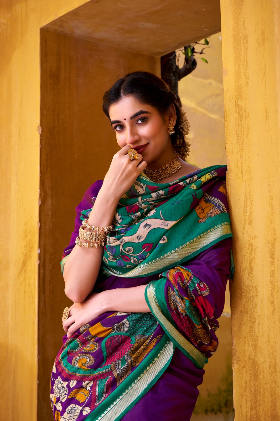 Kalamkari Print Chanderi Saree with Zari Weaving | Polyester Viscose | 5.5 Meters + Unstitched Blouse