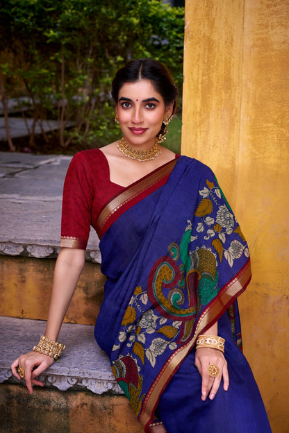 Kalamkari Print Chanderi Saree with Zari Weaving | Polyester Viscose | 5.5 Meters + Unstitched Blouse