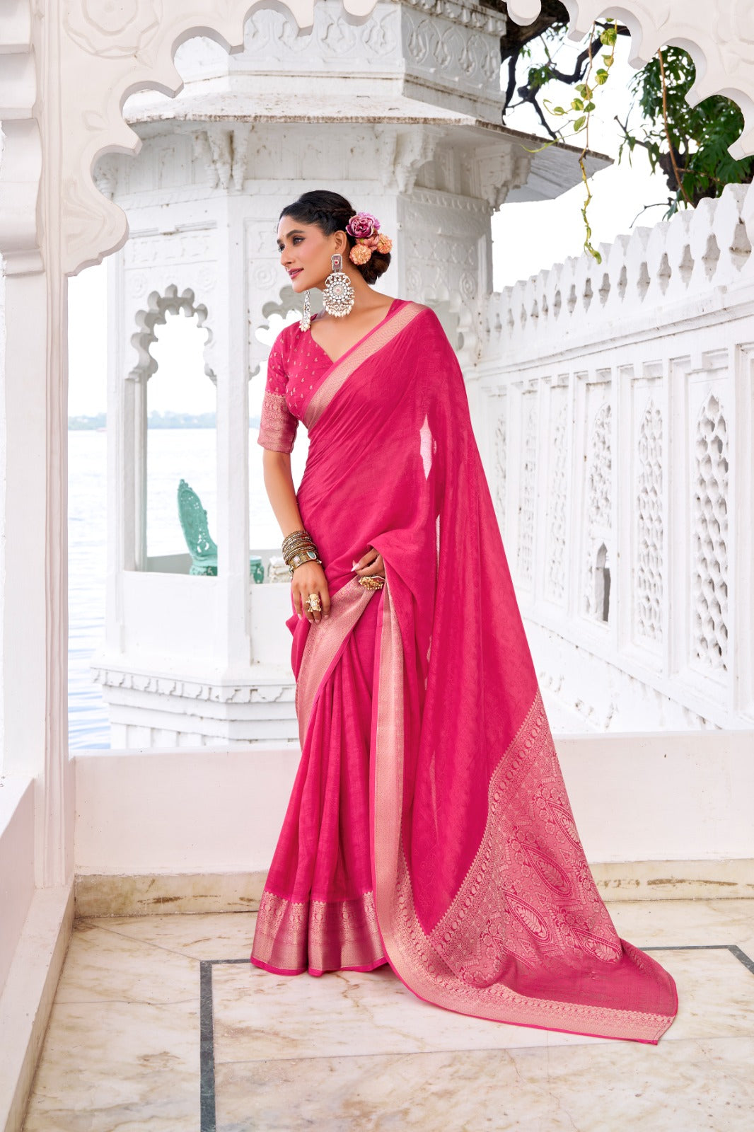 Chinon Fabric Self-Printed Saree with Zari Weaving | Designer Chinon Blouse | 5.5 Meters
