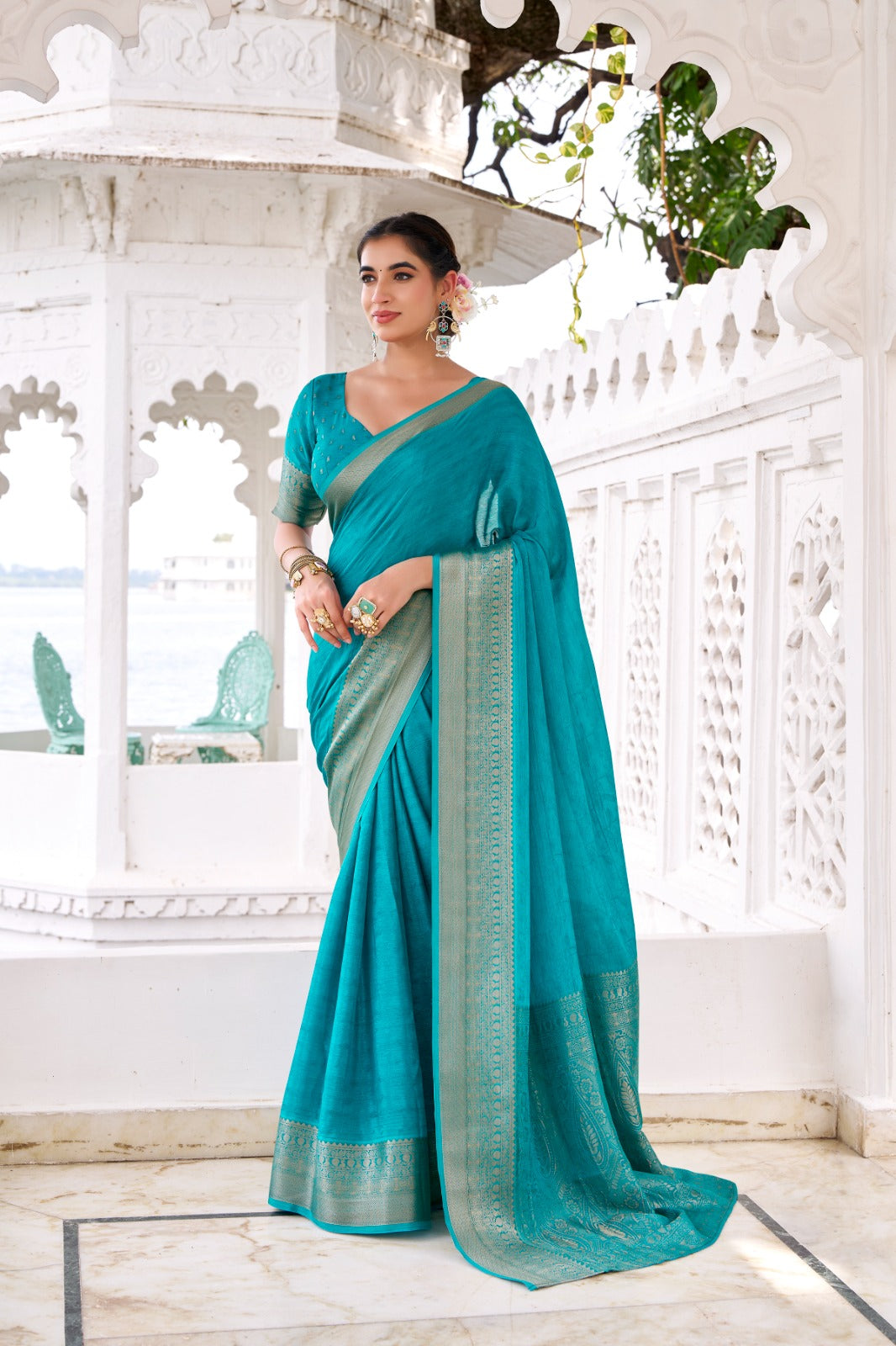 Chinon Fabric Self-Printed Saree with Zari Weaving | Designer Chinon Blouse | 5.5 Meters