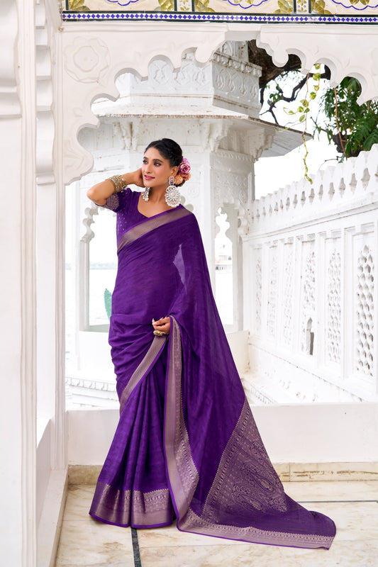 Chinon Fabric Self-Printed Saree with Zari Weaving | Designer Chinon Blouse | 5.5 Meters