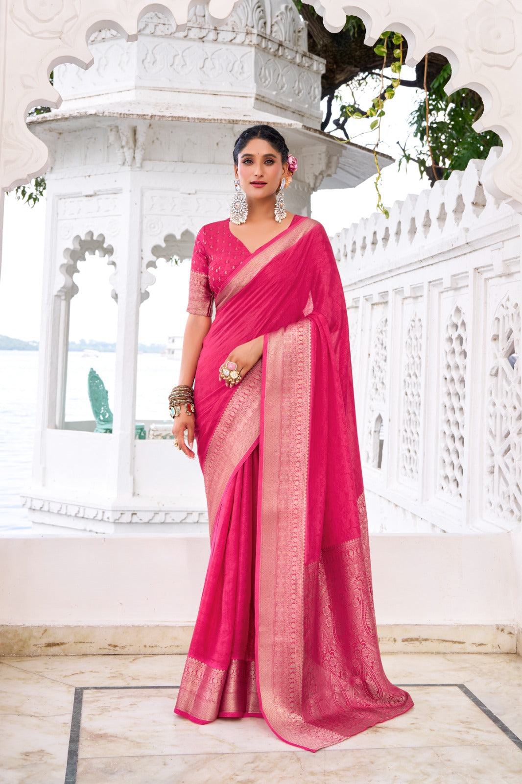 Chinon Fabric Self-Printed Saree with Zari Weaving | Designer Chinon Blouse | 5.5 Meters