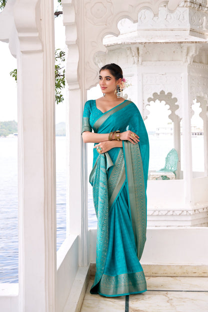 Chinon Fabric Self-Printed Saree with Zari Weaving | Designer Chinon Blouse | 5.5 Meters