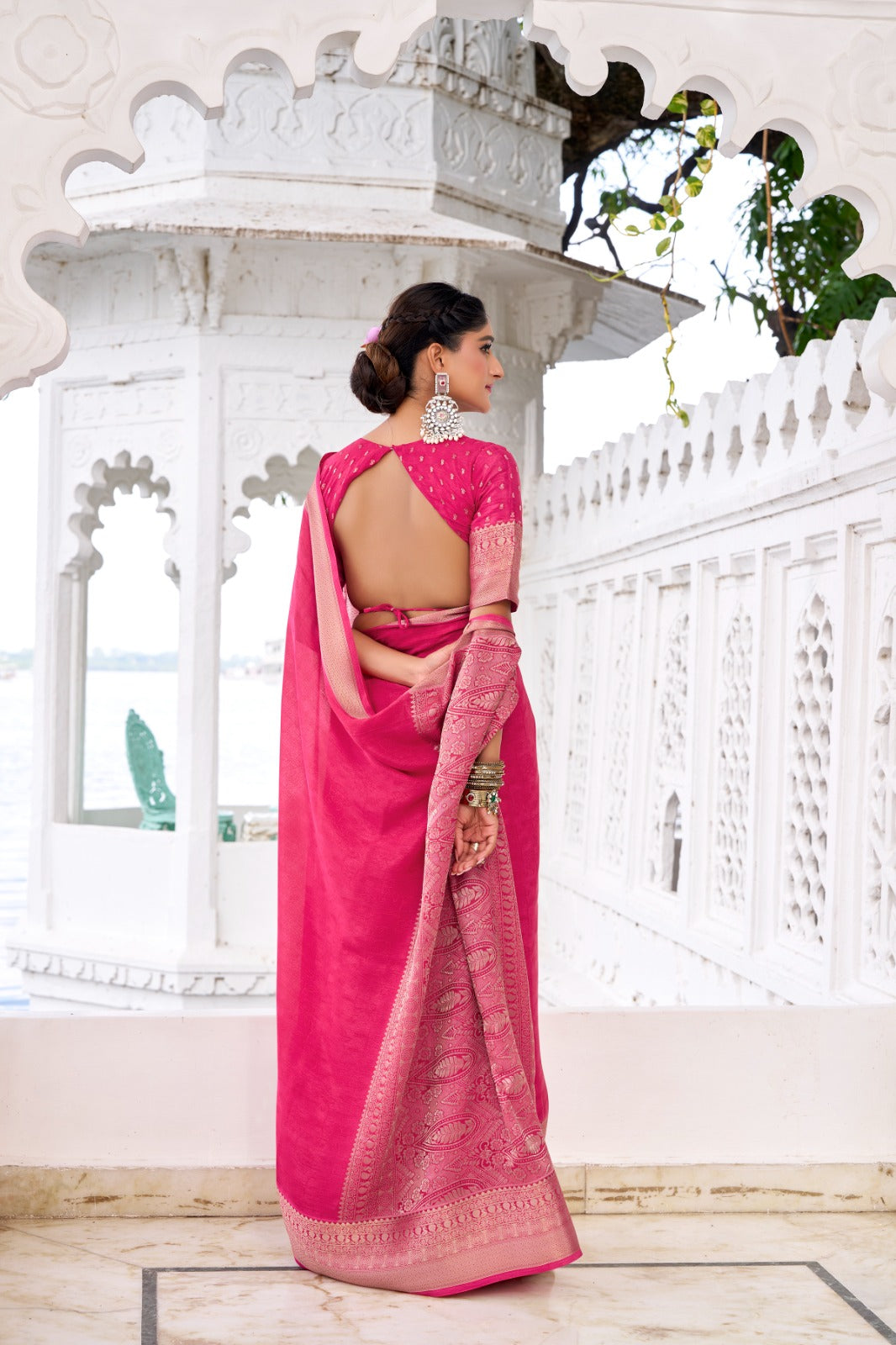 Chinon Fabric Self-Printed Saree with Zari Weaving | Designer Chinon Blouse | 5.5 Meters